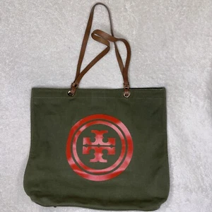 Tory Burch Olive/Green Canvas Tote W/ leather accents and handles 16” - Picture 1 of 10