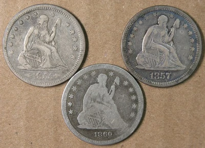 25c Seated Liberty Quarters 1855, 1857 & 1860  3 PC LOT * AvenueCoin - Image 1 of 2