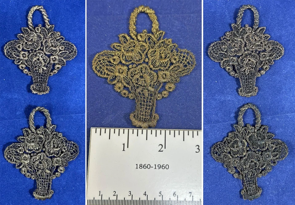 Lote de 2 piezas vintage de apliques de cesta de flores cojas metálicas doradas antiguas de la década de 1920 Foto 1 de 1