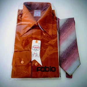 Vintage Fablo NOS 70s Shirt 38/15 Rust Brown + Retro Wash n’ Wear Tie Set Korea - Picture 1 of 7
