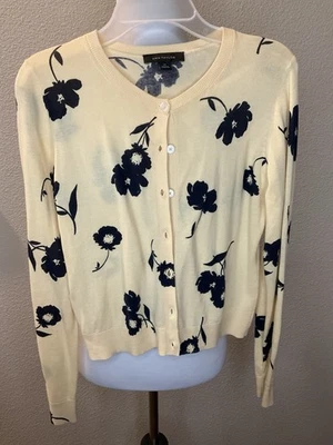 Ann Taylor Cardigan Sweater Women Size XS, Long Sleeve Yellow W/ Black Flowers - Image 1 of 3