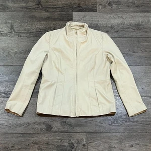 Cole Haan Genuine Leather Zip-Front Jacket Beige Cream Lambskin Women’s Size M  - Picture 1 of 9