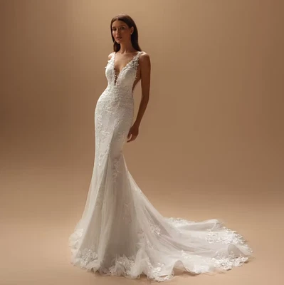 Vestidos de noiva sexy sereia gola V vestido sem mangas bordado de renda De Novia - Imagem 1 de 4