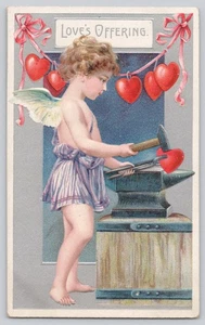 Embossed Valentine Cupid Blacksmith Forging Heart Postcard Love's Offerings - Picture 1 of 3