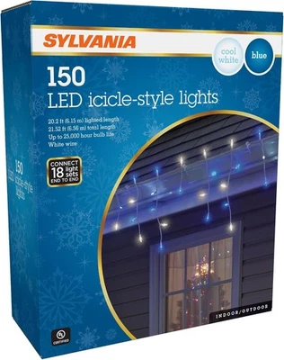 Luzes de Natal SYLVANIA, azul e branco frio 150 litros LED Icicle, fio branco - Imagem 1 de 3