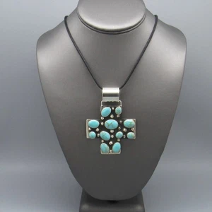 Großer Sterling Silber Block-Türkis Cluster Kreuz Anhänger Halskette - Bild 1 von 5