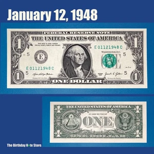 January 12, 1948 Birthday Anniversary $1 One Dollar Bill Serial Number 01121948 - Picture 1 of 2