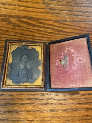 Antique Ambrotype  3x2Woman Small Ornate Complete Case Small Hole On Fabric Side - Image 1 of 4