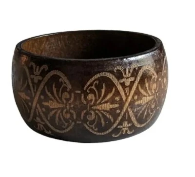 Brazalete Brazalete Madera Marrón Ancho Floral Boho Tribal Playa Grabado Foto 1 de 4