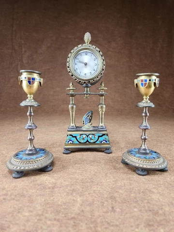 FRENCH CLOISONNE CLOCK AND GARNITURE SET BUTTERFLY MOTIF Cover