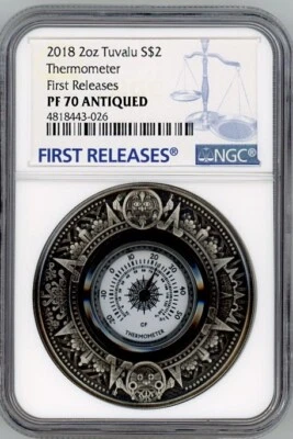 Thermometer 2018 Tuvalu 2oz Silver Coin $2 NGC PF70 Antiqued First Releases OGP - Image 1 of 4