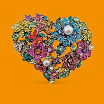 ENORME BROCHE CORAZÓN FLORAL Flor Estrás Cristal Cottagecore Pascua Pin 6W Foto 1 de 4