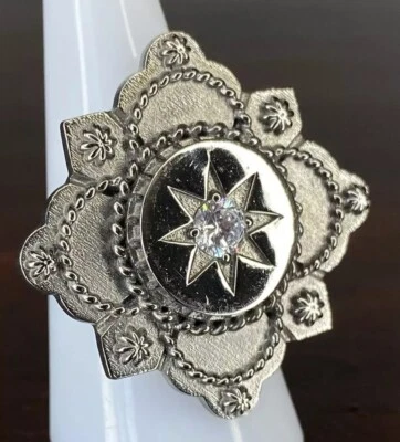 Hespera Ring- 02- Big- Simulated Clear CZ- .925 Silver- Adjustable Size 8+ - Image 1 of 4