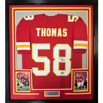 HOFSM.COM HALL OF FAME SPORTS MEMORABILIA Framed Facsimile Autographed Derrick Thomas 33x42 Red Reprint Laser Auto Jersey