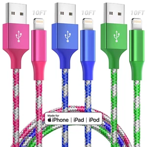 3Pack Braided USB Fast Charging Cable For iPhone Charger Cord 10FT Heavy duty - Picture 1 of 8