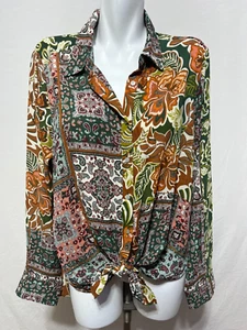 Rose Olive Women Top Green Orange XL Tie Knot Button Down Front New NWT - Picture 1 of 9