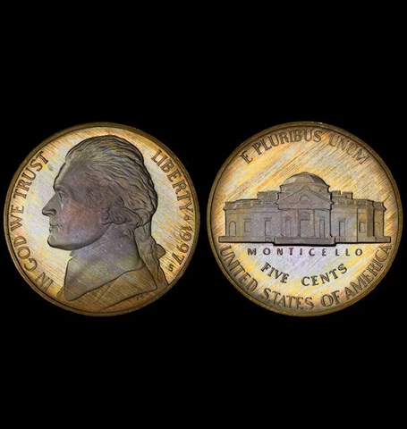 PR68DCAM 1997-S Jefferson Proof Nickel, PCGS Secure- Pretty Album Toned Cover