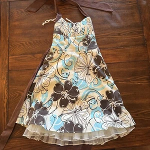 Vintage Jodi Kristopher Brown&Blue Halter Dress | Tropical Floral Print | Sz 1/2 - Picture 1 of 8