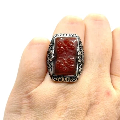 Серебристый тон красный смолы бабочка филигранный кольцо размер 7 большой декоративный - Изображение 1 из 4