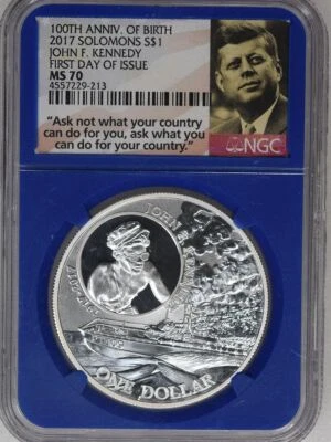 2017 Solomons John F Kennedy JFK NGC MS70 100th Anniversary Silver Dollar $1 - Image 1 of 3