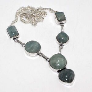 925 Silver Plated-Aquamarine Ethnic Gemstone Handmade Necklace Jewelry 17" GW
