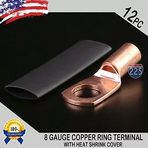 12 PCS 8 AWG GA Copper Ring Terminal Heat Shrink 3/8" Hole Stud Lug Connector US - Picture 1 of 1
