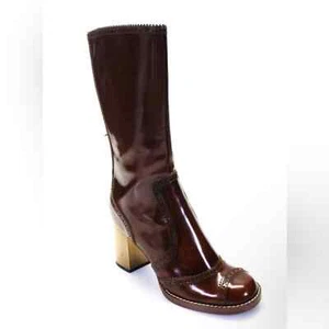 Dolce & Gabbana Wingtip Patent Knee High Boots Brown Leather Size 39.5 - Picture 1 of 11