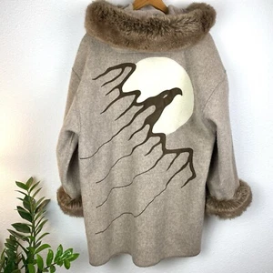 Abrigo De Colección Linda Lundstrom Laparka Con Capucha Lana Imitación Piel Tostado Águila Luna M RARO - Imagen 1 de 24