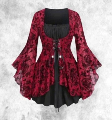 New Red Gothic Corset Baroque Cameo Flared Sleeve Blouse Top size 4XL 24 26 28 — 第 1/4 张图片