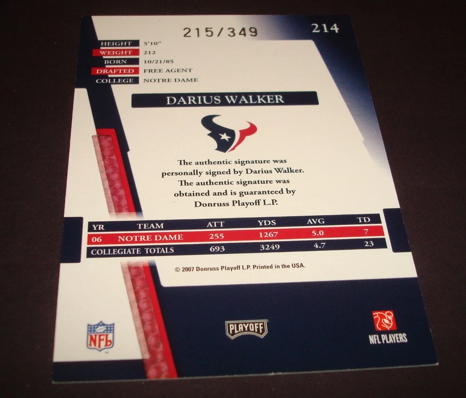 Darius Walker Texans Notre Dame 2007 Playoff Absolute Certified Autograph JG - Image 1 of 1