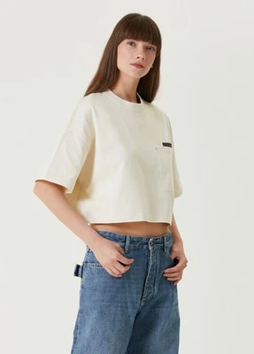 NO ADUANAS IMPUESTO BOTTEGA VENETA Crema Japonés Jersey Talla Grande Crop Camiseta Foto 1 de 4