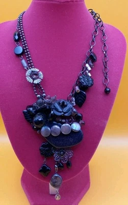  Black Vintage Adjustable Necklace W/ Flower Design And Faceted Crystal's 18in - Image 1 of 4