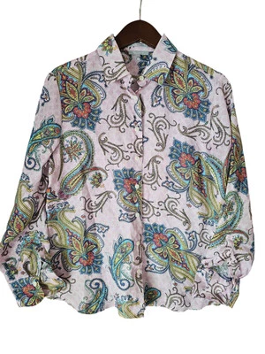 Camisa de lino HINSON WU estampado cachemir abotonada manga larga cuello lujo talla M Foto 1 de 4