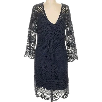 Vestido Hale BobKiki Crochet M/L Azul Marino Boho Cuello en V Sin Mangas Forrado Costero Boho Foto 1 de 4