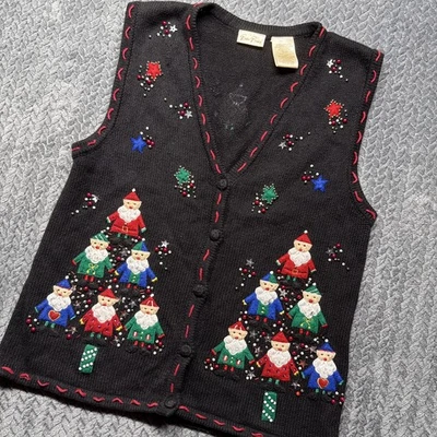 De Colección Bobbie Brooks Navidad Suéter Chaleco Mujer’s L Negro Papá Noel Árbol Bordado Foto 1 de 4