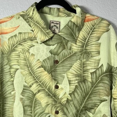 Montego Mon Short Sleeve Men’s Large Shirt Tropical Leaf Green Orange Silk - Image 1 of 4