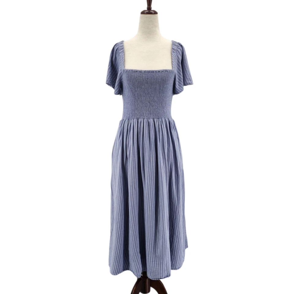 Madewell Womens Small Dress Linen Blend Lucie Smocked Midi in Stripe Blue Boho - Image 1 of 4