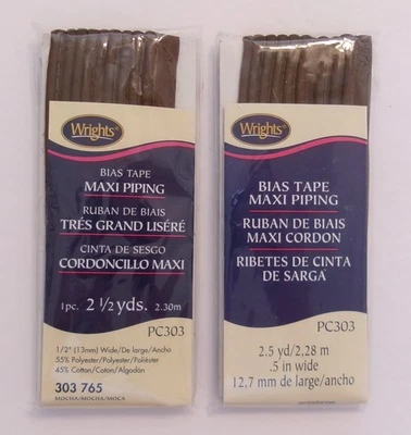 2 件装 Wrights BIAS TAPE MAXI 管 ~ 摩卡棕色 #303-076 ~ 每件 2.5 码 ~ 全新 — 第 1/2 张图片