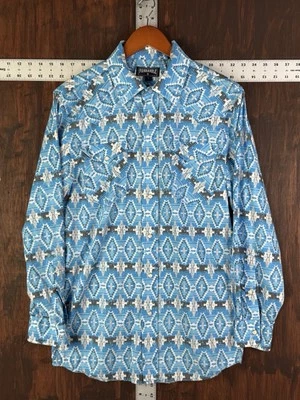Camisa a Presión Panhandle Vaquero Rancho Azteca Perla Occidental Azul Polvo Hombres Pequeña Usada en Excelente Condición Foto 1 de 4