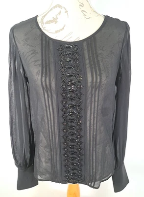 Blusa negra con cuentas de seda transparente JAEGER manga larga 100 % seda para mujer Reino Unido 8 Foto 1 de 4