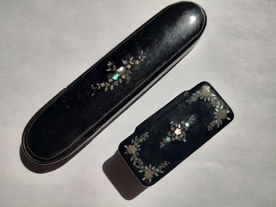 Антикварная китайская лакированная табакерка и футляр для очков с инкрустацией серебром и раковиной - Изображение 1 из 4