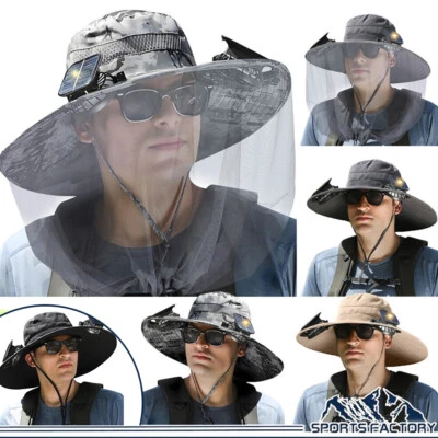 Solar Fan Hat Outdoor Fishing Sun Bucket with Dual & USB Powered With Head Net - Image 1 of 4