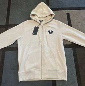 True Religion Core Full Zip Hooded Buddha Logo Herren Sweatshirt Größe Large Creme - Bild 1 von 5