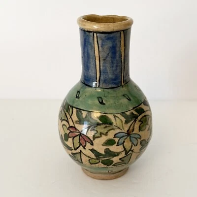 "Florero vintage de cerámica persa esmaltado Iznik Qajar diseño floral azul verde 5,5""" Foto 1 de 4