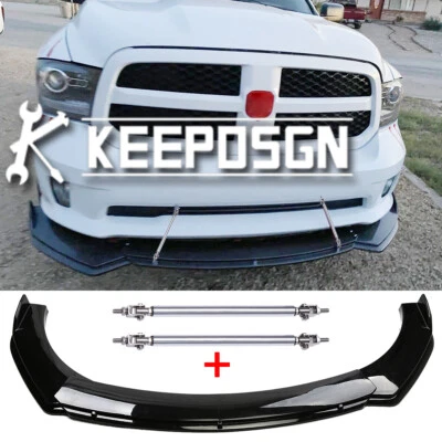 Alerón divisor de labios parachoques delantero brillante barbilla con varilla de puntal para Dodge RAM 1500 Foto 1 de 4