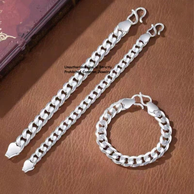 Solid S999 Fine Silver Bracelet Men Women 6mm-17mm Curb Cuban Link Chain 6-9inch - Image 1 of 4