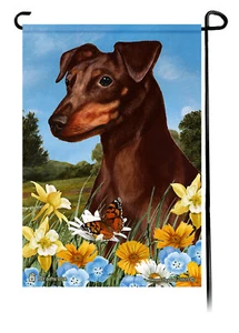 Summer Flowers Garden Flag - Uncropped Chocolate and Tan Miniature Pinscher - Picture 1 of 1