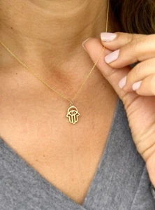 Hamsa Pendent And Chain in 14K Solid Yellow Gold Dainy Minimalist Necklace - Picture 1 of 7