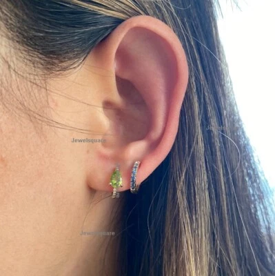 Pear Cut Peridot & Pave Diamond Party Wear Hoop Earrings In 14k Gold Minimalist - Image 1 of 4