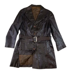 Vintage Deep Brown Leather Belted Jacket 10 12 - Picture 1 of 3